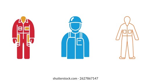 This image features three diverse worker uniform icons in solid flat colors. The icons represent a variety of workwear styles, set against a clean white background.