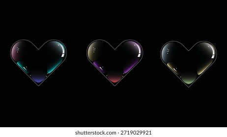 This image features three heart-shaped objects with an iridescent finish, giving them a multicolored appearance. The hearts are floating against a dark background, creating a striking contrast that accentuates their vibrant colors. The reflections on the hearts suggest they are made of a shiny, possibly metallic material.