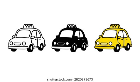 This image features three line art illustrations of taxi cabs, presented in black, white, and yellow color schemes against a white background. Each vehicle has a