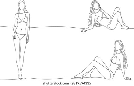 This image features three minimalist line art drawings of female figures wearing bikinis. One figure stands upright, facing forward. Another is posed lying on her side, with one arm bent. The third figure is seated, leaning back slightly. All figures are rendered with thin, black outlines against a white background, emphasizing their slender forms and graceful poses. The style is simple and elegant, focusing on the silhouette and flow of the lines.