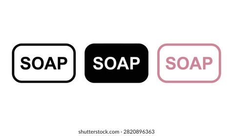 This image features three rectangular soap labels with the word 'SOAP' displayed, presented in black, white, and pale pink. The style is a flat vector illustration
