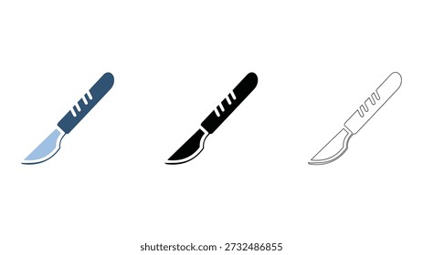Esta Imagen presenta tres bisturíes en diferentes colores y estilos de arte lineal, que representan la cirugía, los procedimientos médicos y el tratamiento de precisión. Los bisturíes están representados en estilos de arte azul, negro y línea, simbolizando varias aplicaciones médicas y herramientas de precisión utilizadas en Configuraciones de atención médica.