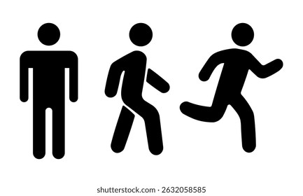 This image features three simple stick figure icons depicting a person standing, walking, and running.  The figures are isolated on a transparent background, a valuable feature for designers.