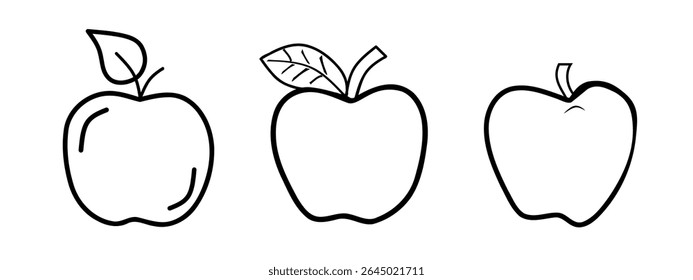 This image features three simple black and white line drawings of apples, each with a unique leaf design on top. Suitable for icons, educational materials focused on fruit and nature themes.