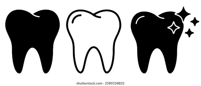 This image features three stylized tooth icons representing various aspects of dental health and hygiene, ideal for use in modern clinic presentations and materials.