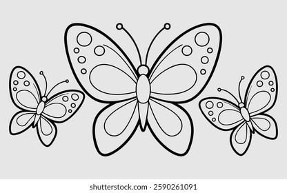 This image features three stylized butterflies in black outline.