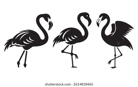 This image features three stylized flamingo silhouettes, set against a plain white backdrop.