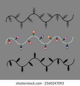 This image features three variations of Christmas string lights. The top and bottom rows display black and white outlines of the lights, while the middle row showcases a colorful version 