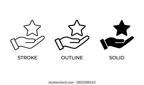 This image features three variations of a hand holding a star icon: stroke, outline, and solid. All icons are presented on a white background, offering a clean and versatile design.