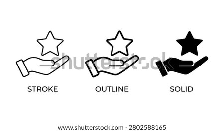 This image features three variations of a hand holding a star icon: stroke, outline, and solid. All icons are presented on a white background, offering a clean and versatile design.