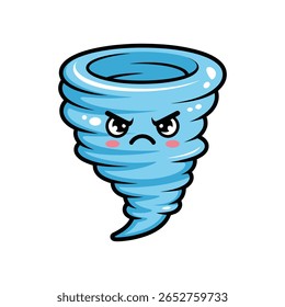 This image features tornado, cartoon, character, kawaii, cute, angry, weather, storm. Cute Angry Cartoon Tornado Character Isolated on White Background