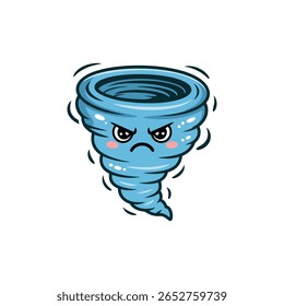 This image features tornado, cartoon, character, angry, weather, storm, wind, illustration. Angry Cartoon Tornado Character with Pink Cheeks on White Background