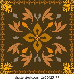This image features a traditional floral tile pattern with a warm, earthy color palette dominated by shades of brown, orange, mustard yellow, and beige. The design is symmetrical, with each square til