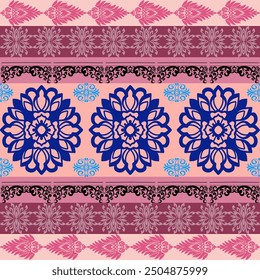 This image features a traditional and intricate fabric design composed of various ornamental patterns. The central part of the design showcases large, bold blue floral motifs arranged in a repeating 