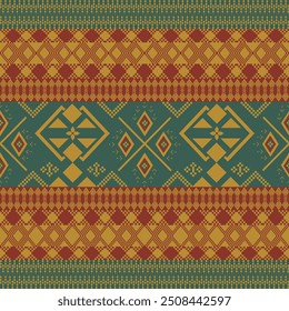Esta imagem apresenta um padrão têxtil tradicional caracterizado por desenhos geométricos e cores vibrantes.