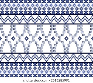 This image features a traditional textile pattern with a clean, geometric design in shades of deep blue and white. The pattern appears to be inspired by handwoven or embroidered fabric.