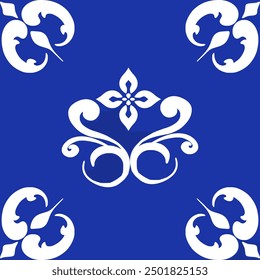 Dieses Bild zeigt ein traditionelles thailändisches Muster mit aufwändigen weißen Designs auf königsblauem Hintergrund. Das zentrale Motiv besteht aus eleganten floralen Elementen, die mit gekrümmten Linien kombiniert werden und ein Symbol schaffen