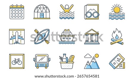 This image features travel, leisure, icons, vacation, recreation, activities, tourism, cruise. Collection of Travel and Leisure Activity Icons Depicting Various Vacation and Recreational Pursuits