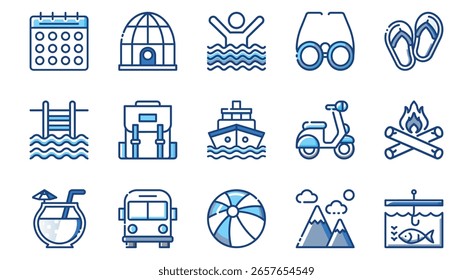 Esta Imagen cuenta con viajes, vacaciones, iconos, azul, contorno, fondo blanco, diseño, globo. Colección de iconos de viajes y vacaciones en estilo de contorno azul sobre fondo blanco para el diseño