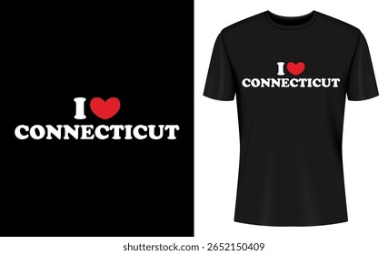 This image features t-shirt, apparel, clothing, design, graphic, illustration, connecticut, state. Black T Shirt Design Featuring I Love Connecticut Graphic with Red Heart
