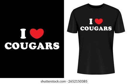 This image features t-shirt, design, mockup, template, clothing, apparel, cougars, i love. I Love Cougars T Shirt Design Mockup