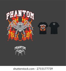Esta Imagen presenta un diseño de camiseta con un gráfico de una araña envuelta en llamas. La palabra "PHANTOM" está escrita en negrita, blanco, letras de estilo universitario sobre el gráfico. 