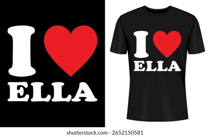 This image features t-shirt, mockup, design, template, clothing, apparel, tshirt, black. I Love Ella T Shirt Design Mockup
