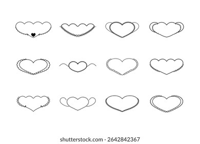 Esta imagem apresenta doze contornos cardíacos diferentes, cada um com um design de aresta exclusivo e decorativo, todos apresentados em preto sobre um fundo branco limpo.