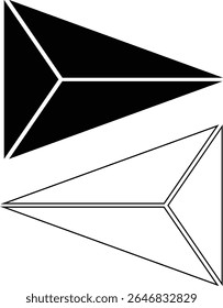 Esta imagem apresenta duas formas geométricas abstratas. Uma forma triangular preta sólida é posicionada acima de uma forma triangular branca delineada em preto, ambos sobre um fundo branco.