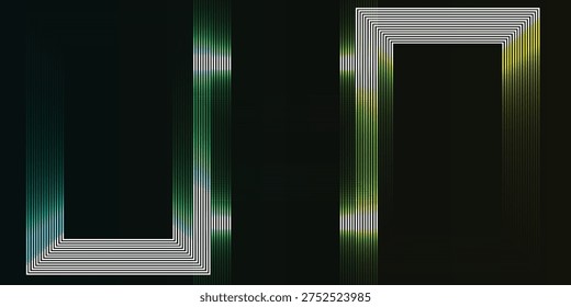 This image features two abstract geometric shapes, possibly representing architectural elements or digital art, with striking green and yellow light reflections that create a dynamic and modern visua.