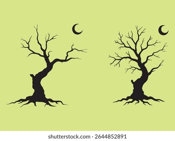 Esta imagem apresenta duas árvores nuas em silhueta preta contra um fundo verde claro, com uma lua crescente acima de cada árvore. O estilo silhueta cria uma cena assustadora com tema de Halloween