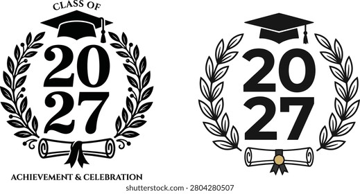 This image features two black graduation logos with laurel wreaths, scrolls, and caps on a white background, symbolizing achievement and celebration for the class of 2027.