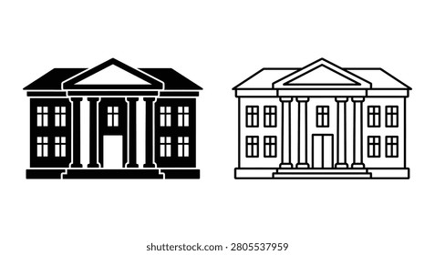 This image features two black and white line art illustrations of a classical building facade. Both depictions show a symmetrical structure with columns and windows.