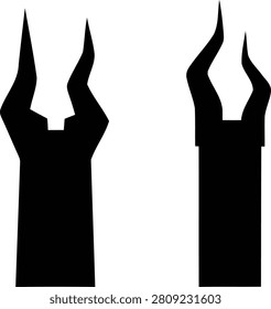This image features two black horn-shaped silhouettes against a white background. The forms are stylized with pointed tips and curved bases, creating a graphic design element.