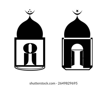 This image features two black-and-white logo designs inspired by traditional Islamic architecture. Each design prominently showcases a mosque dome topped with a crescent moon — one with stars and the 
