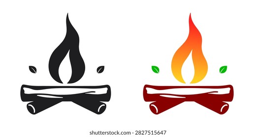 This image features two campfire illustrations, one in black and one in orange and red, with coffee beans and leaves. The designs are set against a clean white background.