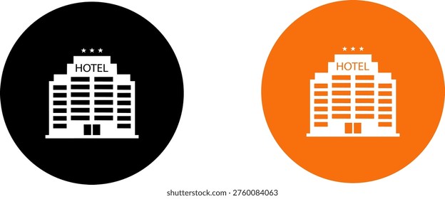 This image features two circular icons representing a hotel building, one set against a solid black background and the other against a vibrant orange background, both featuring a white silhouette of a hotel structure with three stars at the top, suitable for user interface elements or travel-related digital projects.