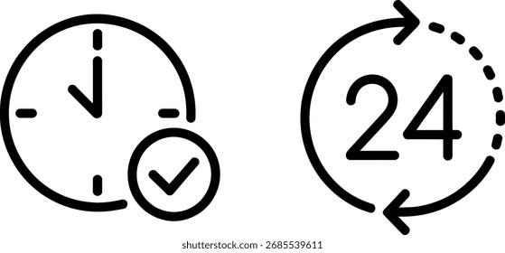 Esta imagem possui dois ícones de linha limpa. A primeira mostra uma superfície do relógio com uma marca de verificação indicando conclusão ou aprovação. A segunda mostra uma seta circular representando um período de 24 horas.
