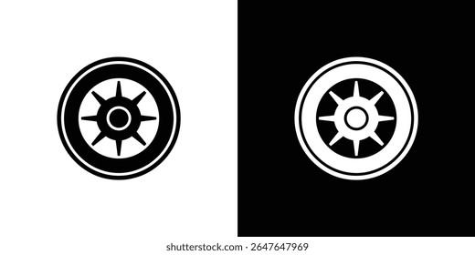 Esta imagem apresenta dois ícones circulares contrastantes. Uma é uma roda preta com raios radiantes sobre um fundo branco, e vice-versa.
