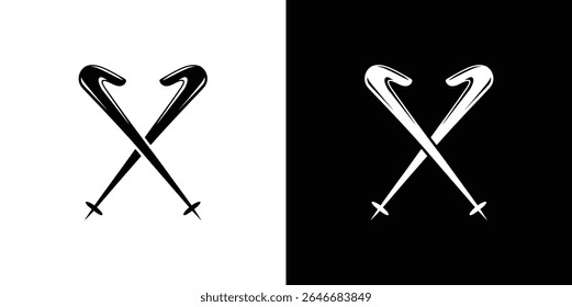 Esta imagem mostra dois bastões de esqui cruzados, um pintado de preto sobre um fundo branco e outro de branco sobre um fundo preto. Ilustração minimalista.