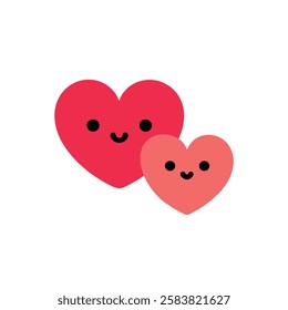 This image features two cute heart shapes with smiling faces. The larger red heart is accompanied by a smaller pink heart, both set against a white background. The design is playful and cheerful