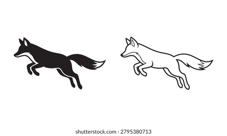 This image features two depictions of a running fox in a black and white silhouette style. The distinctive silhouette outlines