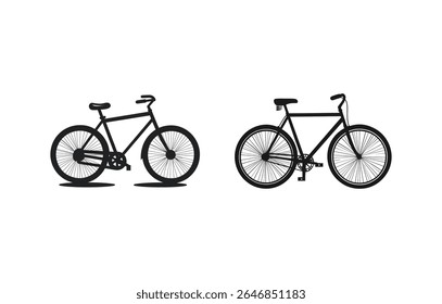 This image features two distinct bicycle silhouettes, rendered in black vector format, positioned against a clean white background. Ideal for transportation and graphic design.