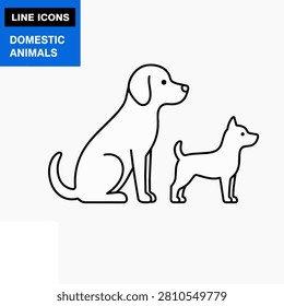 This image features two dogs rendered as a line drawing. One dog is larger in size and appears to be a longer-haired breed, while the other is smaller. The style is a simple black line on a white background.