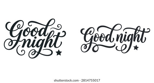 This image features two elegant, handlettered phrases saying 'Goodnight' with decorative swirls and a small star, presented on a clean white background.