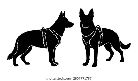 This image features two german shepherd dogs depicted in a black silhouette style. The dogs are facing each other showcasing their profile and harness details. The silhouette style provides a clean graphic presentation.