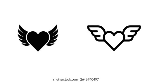 Esta imagem apresenta dois corações com ícones de asas em preto e branco. Um é sólido, enquanto o outro é uma versão delineada para projetos sobre amor.