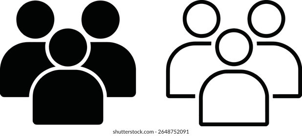 Esta imagem apresenta dois ícones representando um grupo de três pessoas. Um ícone é uma silhueta preta sólida, e o outro é uma silhueta de contorno, ambos isolados em um fundo branco.
