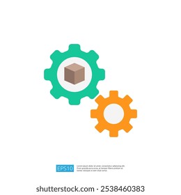 This image features two interlocking gears, one turquoise and one orange, with a brown box in the center, symbolizing industrial processes or logistics.