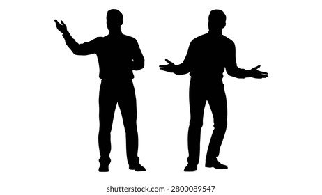 This image features two male figures presented as silhouettes standing against a plain white background. They are in poses with